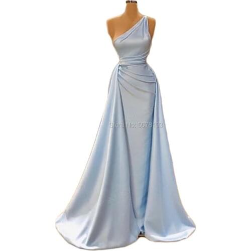 5201 One-shoulder natural mermaid/trumpet floor-length satin long evening dresses/party gowns pleat&back-zipper free shipping