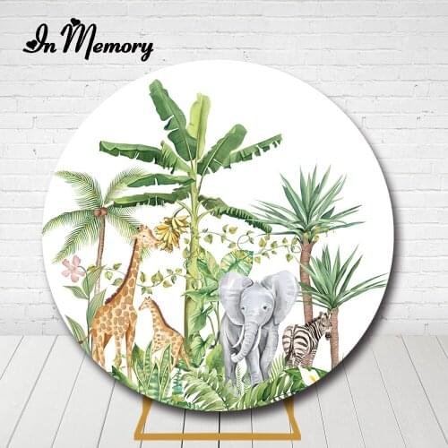 InMemory Green Tropical Safari Jungle Party Round Backdrop Cover Wild Animals Giraffe Elephant Zebra Photography Background
