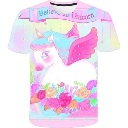 2 to 14 yrs Girls 3D Unicorn Printed T-shirt Summer Tee Cute Horse Tops Childrens Cartoon Clothes Casual Short Sleeve T Shirts
