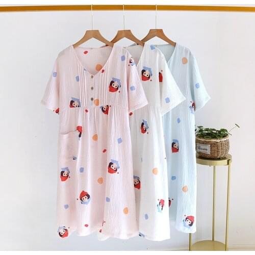Summer Women Short-sleeved Sleeping Skirt 100% Cotton Gauze Double-layer Thin Nightgowns Cartoon Womens Lovely Sleepwear 2021