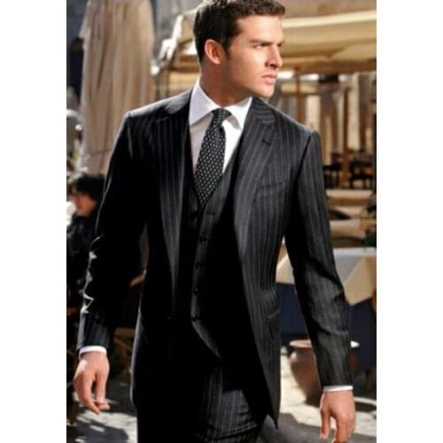 2017 Latest Coat Pant Designs Black Stripes Men Suit Slim Fit Skinny 3 Piece Groom Tuxedo Custom Prom Classic Blazer Masculino