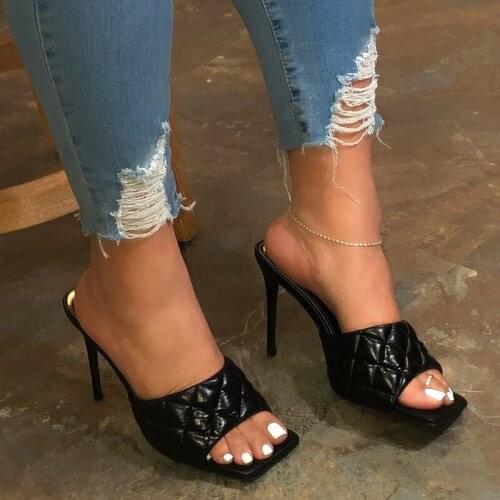 New Mules Women Slipper 2021 Summer Square Toe High Heel Ladies Sandal Weave High Quality Stiletto Dress Shoes Slides