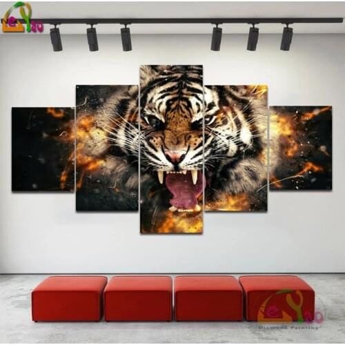 5d Diy Diamond Painting 5 Panels Tiger Head Wall Art Full Drill Cross Stitch Embroidery Animals Rhinestone Mosaic Home Decor
