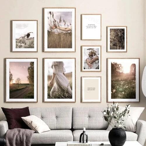 Wall Art Canvas Painting Pretty Woman Reed Dried Flowers Lawn Road Nordic Posters and Prints Wall Pictures for Living Room Decor