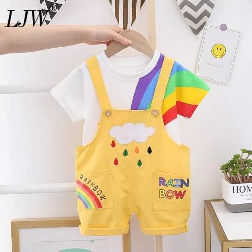 2021 new childrens rainbow sling short-sleeved two-piece suit baby boy summer clothes boys rainbow raindrops childrens clothes