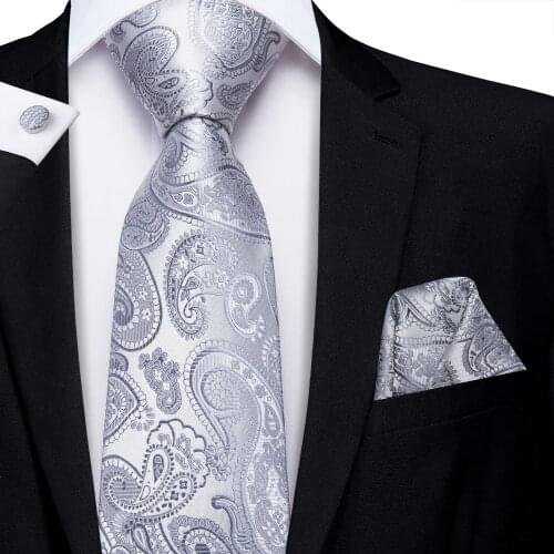 Hi-Tie Grey Paisley Jacquard 100% Silk Mens Tie Set 8.5cm Wedding Ties For Men New Design Hanky Cufflinks Set Quality Necktie