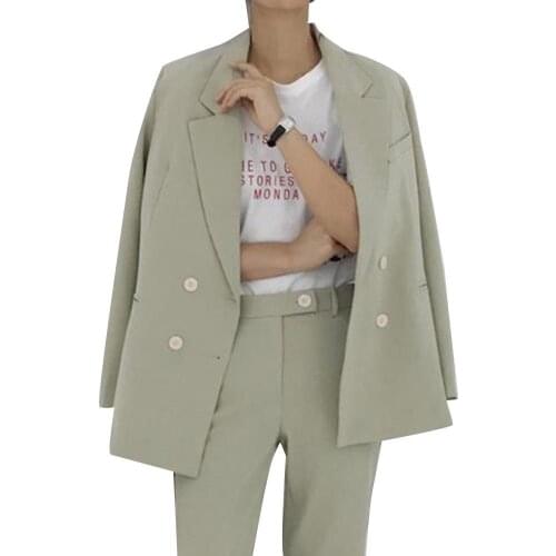 2Pcs Office Lady Suit Set Autumn Solid Color Double-breasted Blazer Long Pants