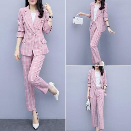 Autumn new Korean Office Lady fashion elegant plaid slim small suit was thin straight pants two-piece women suits office sets