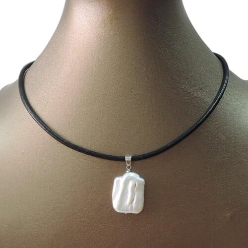100% nature freshwater pearl pendant necklace ,REAL LEATHER chain-pearl around 17x21 mm rectangle baroque pearl pendant