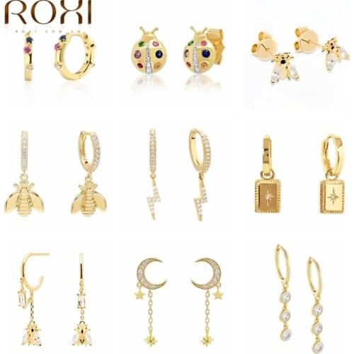 ROXI Copper Insects Stars Moon Gold Earrings For Women Pendientes Piercing Hoop Earrings For Girl Unique Party Fine Jewelry Gift