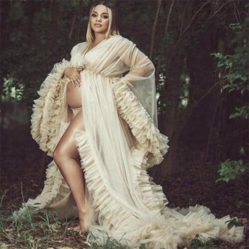 Chic Illusion Ruffles Celebrity Dress Bridal Long Sleeves Sleepwear Plus Size Party Nightgowns Robes Maternity Dress Custom Made