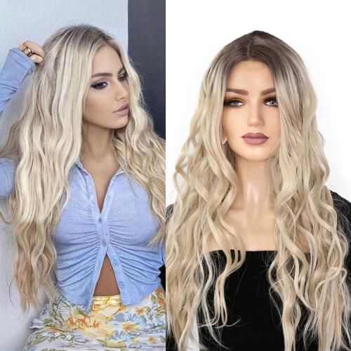 Synthetic Wigs For Women Middle Part Ombre Blonde Long Wavy Hair Daily/Party Fiber Natural Hair Wig Heat Resistant blonde curly