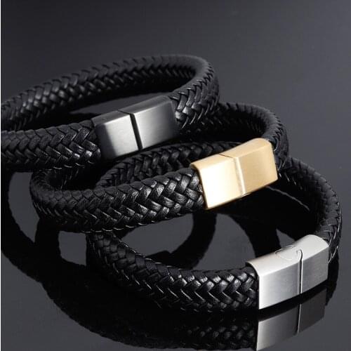 Cool Men Jewelry Genuine Leather Bracelet Gold Black Silver Color Stainless Steel Clasp Braid Rope Male Wristband
