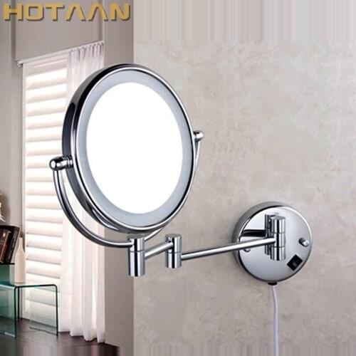 Free shipping LED light makeup mirrors 8" round dual sides 3X /1X mirrors dual arm extend cosmetic wall mount magnifying mirror