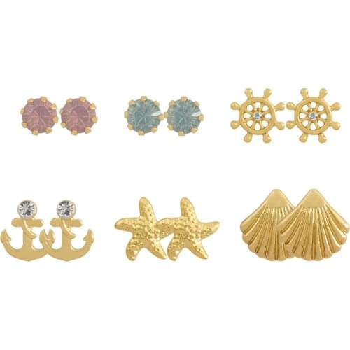 Lovely Gold Color Shell Starfish Anchor Stone 6 Pair Stud Earrings For Women Girl Elegant Gorgeous Pretty Jewelry Accessory