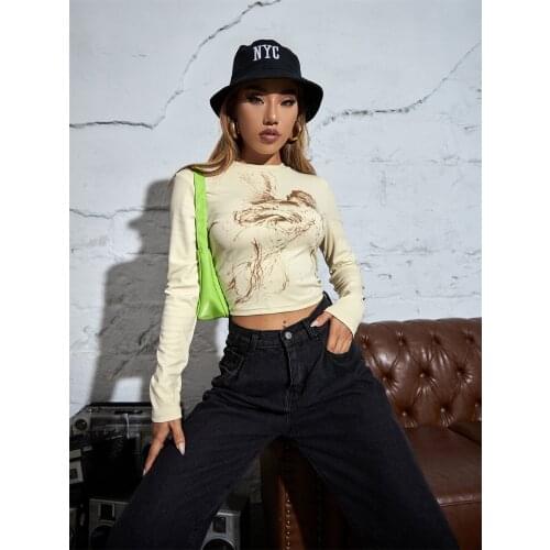 2021 Women Slim-fit Crop Tops Adults Angel Print Long Sleeve Round Neck T-shirt