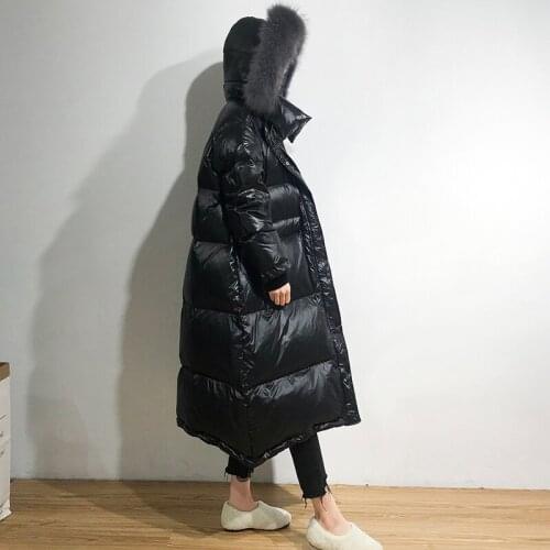 Winter Raccoon fur collar Hooded Down Jacket Womens Thicken Long Parkas 90% White duck Down Coat Black Windproof Snow Outwear
