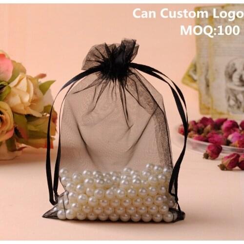 11x16cm Black Organza Jewelry Bags Christmas Gift Bags Small Packaging Sacks Customized Logo Printing 100pcs/lot Wholesale