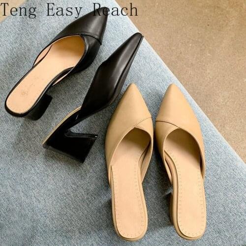 2021 Beige Black High Heels Outdoor Slides Chic Pointed Toe Sexy Female Shoes Womens Slides High Heels Mules Slippers