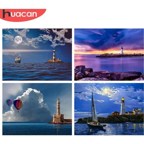HUACAN Full Square 5d Diamond Painting Lighthouse Mosaic Sea DIY Diamond Embroidery Landscape Home Decor Handmade Gift