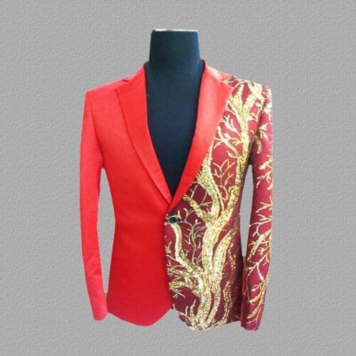 Sequins blazer men suits designs jacket mens stage costumes for singers clothes dance star style dress punk rock black red