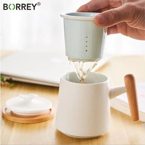 BORREY Porcelain Tea Cup Ceramic Office Tea Mug With Tea Infuser Filte Ceramic Mug With Wooden Handle Mat Coaster Ceramic Teapot