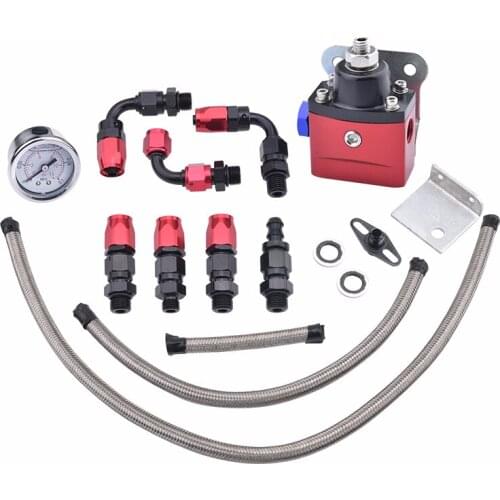 Engine Parts Aluminum Fuel Pressure Regulator FRP Adjustable With Gauge Hose End AN6 Fitting Set Black Red