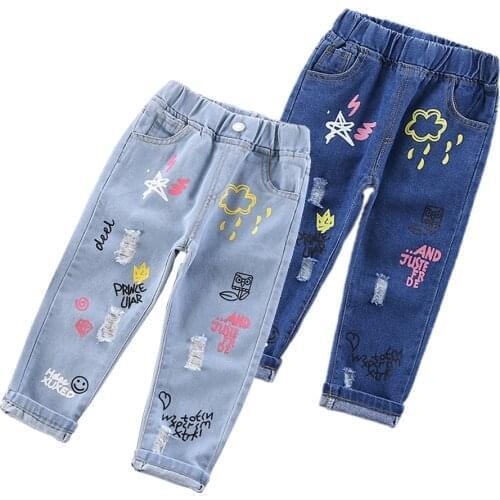 Kids Girl Jeans Floral Cartoon Long Pants Spring Autumn Graffiti Painting Print Casual Trousers with Hole JYF