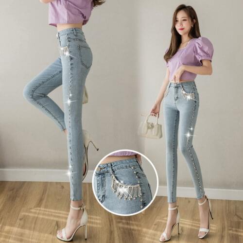 2021 Spring Elastic High Waist Jeans Fashion Trousers Womens Light Blue Stretch Hip Slim Washed Skinny Denim Pencil Pants X27
