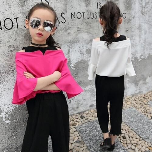 Elegant 2PCS Girl Clothing Sets Soft Chiffon Pants+Blouse School Children Summer Suit Girls Boutique Outfits 8 10 12 14 Years