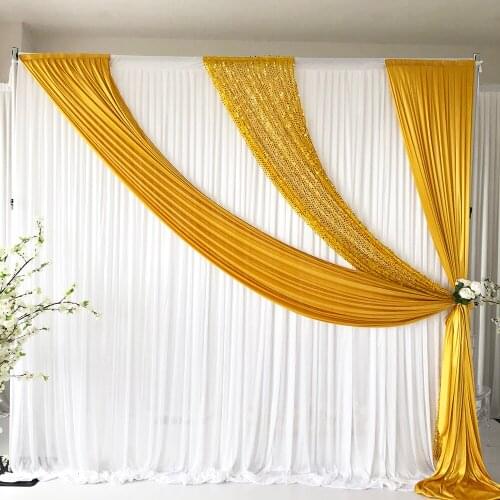Hot Sale 3m Hx 3mW White Curtain With Gold ice silk Sequin Drape Wedding Backdrop