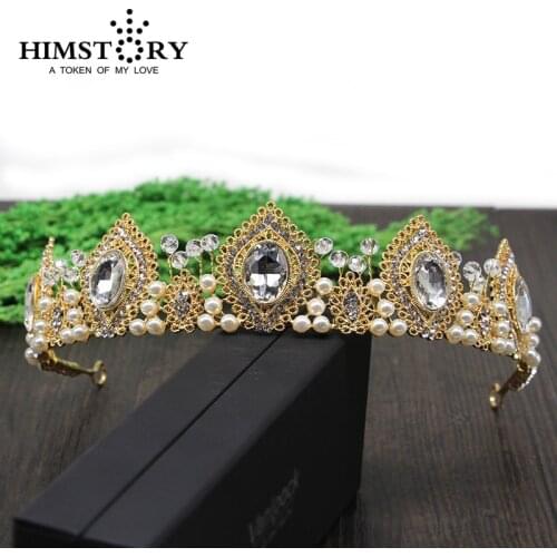 HIMSTORY Handmade Beads Rhinestones Pearl Wedding Hair Crown ,Peacock Feather Designs Bridal Hair Tiars Accessory