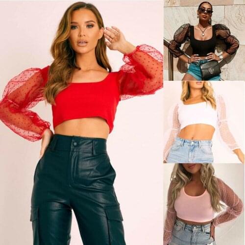 Hirigin Autumn Women Off Shoulder See-through Sheer Mesh Dot Blouse Puff Long Sleeve shirt Tops Shirts