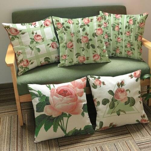 Creative Green Pink Roses Geometric Pattern Pillow Cases Plants Flowers Home Decorative Sofa Cushion Cover 45x45cm