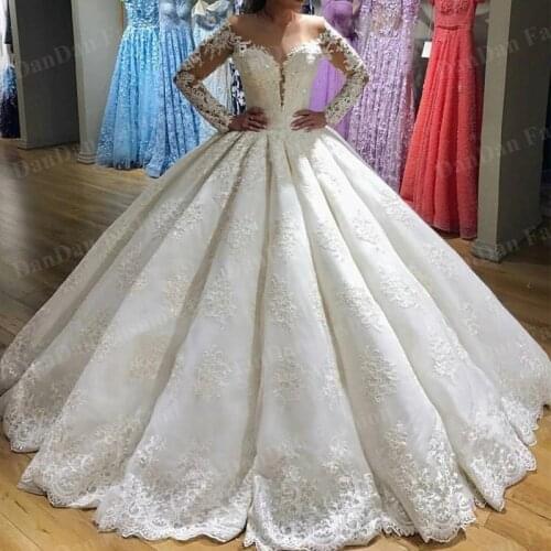 Beads Lace Ware Ball Gown Wedding Dresses Sexy Illusion Back Long Sleeve Wedding Bridal Gowns Robe de Mariee