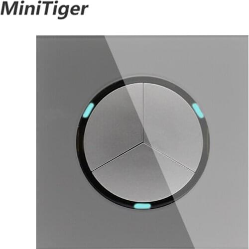 Minitiger New Arrival Crystal Glass Panel 3 Gang 1 Way Gray Random Click On / Off Wall Light Switch With LED Indicator