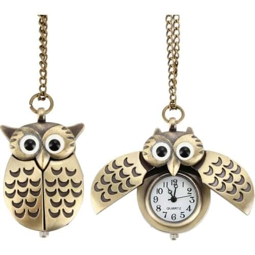 Ne Fashion Vintage Men Women Pocket Watch Alloy Retro Owl Shape Clock Pendant Long Necklace Chain Watches Birthday Gifts