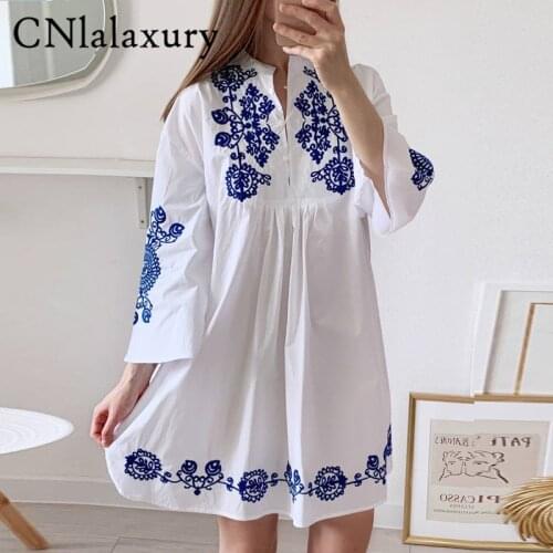 CNlalaxury New White Boho Embroidered Dress Women 2021 Vintage Summer Autumn Mini Dress V-Neck Long Sleeve Party Dresses Vestido