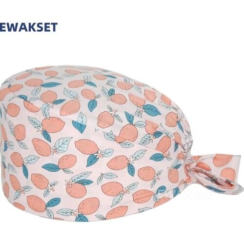 New Bouffant Scrub Cap for Long Hair Fruit Printed 100% Cotton Nursing Hats Nurse Dentist Clinic Lab Accessories Surgicals Caps