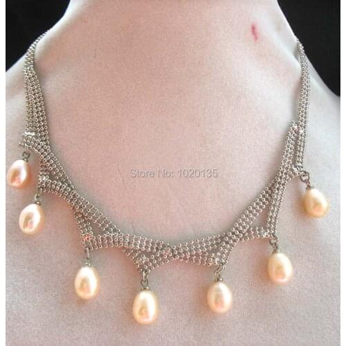 Wholesale freshwater pearl pink rice necklace 8-9mm 17inch nature GP chain bead gift hot unique FPPJ