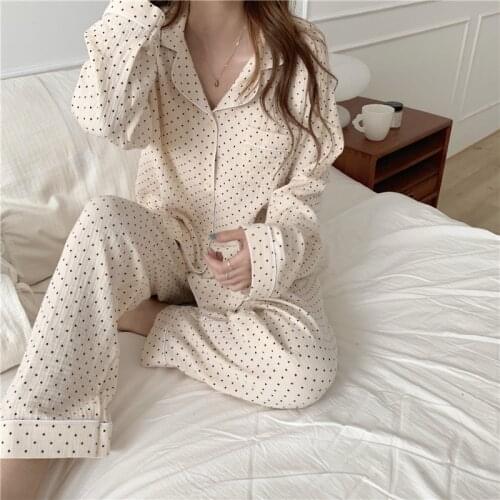 Autumn Pajamas Set Women Pure Cotton Pajama Sleepwear Homewear Long Sleeve Trouser 2 Pieces Loungwear Polka Dot Full Length