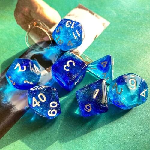 Poludie 7Pcs/Set Blue Ocean DND Dice Sets D4 D6 D8 D10 D% D12 D20 Starlight Polyhedral Dice for Role Playing Game D&D RPG MTG