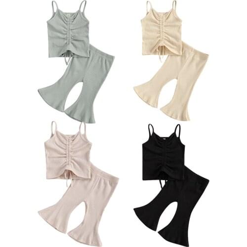 FOCUSNORM 0-3Y Summer Kids Girls Clothes Sets Solid Sleeveless Bow Knit Vest Tops Flare Pants 4 Colors