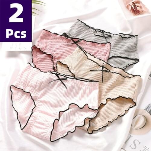 Cotton Soft Womens Underwear Panties Middle Waisted Briefs Solid Color Breathable Underpants Seamless Girls Fashion Briefs 2Pcs