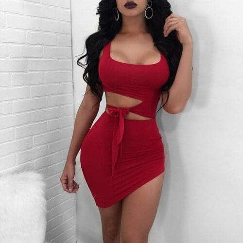 Wantmove sexy club mini dresses wear 2018 summer fashion bangdage bow hollow out bodycon solid tank dress women clothing JZ216