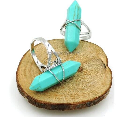 Green Calaite Hexagonal Column Double Points Ring With Wire Wrapped Of Plating Gold And Silve r Approx 32*9 mm