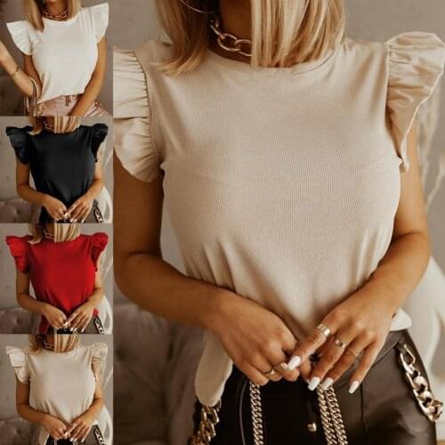 High quality Summer T-shirt Solid Color Ruffled Sleeve Women Hollow Out Lace-up Blouse for Dating 2021 new drop shipping