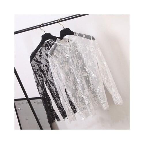 Stand collar perspective sexy lace ruffle eyelash basic shirt top female