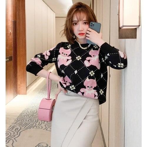 Fashion Winter WOmen Black Sweater 2021 Round neck Pink Bears Jarquard Loose Knitted Pull Jumper Ladies Swater oversize