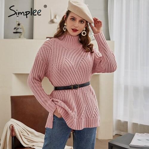Simplee Solid Color Loose Women Knitted Sweater Autumn Winter Round Neck Pullover Sweater Office Lady Pink Pullover 2020 New